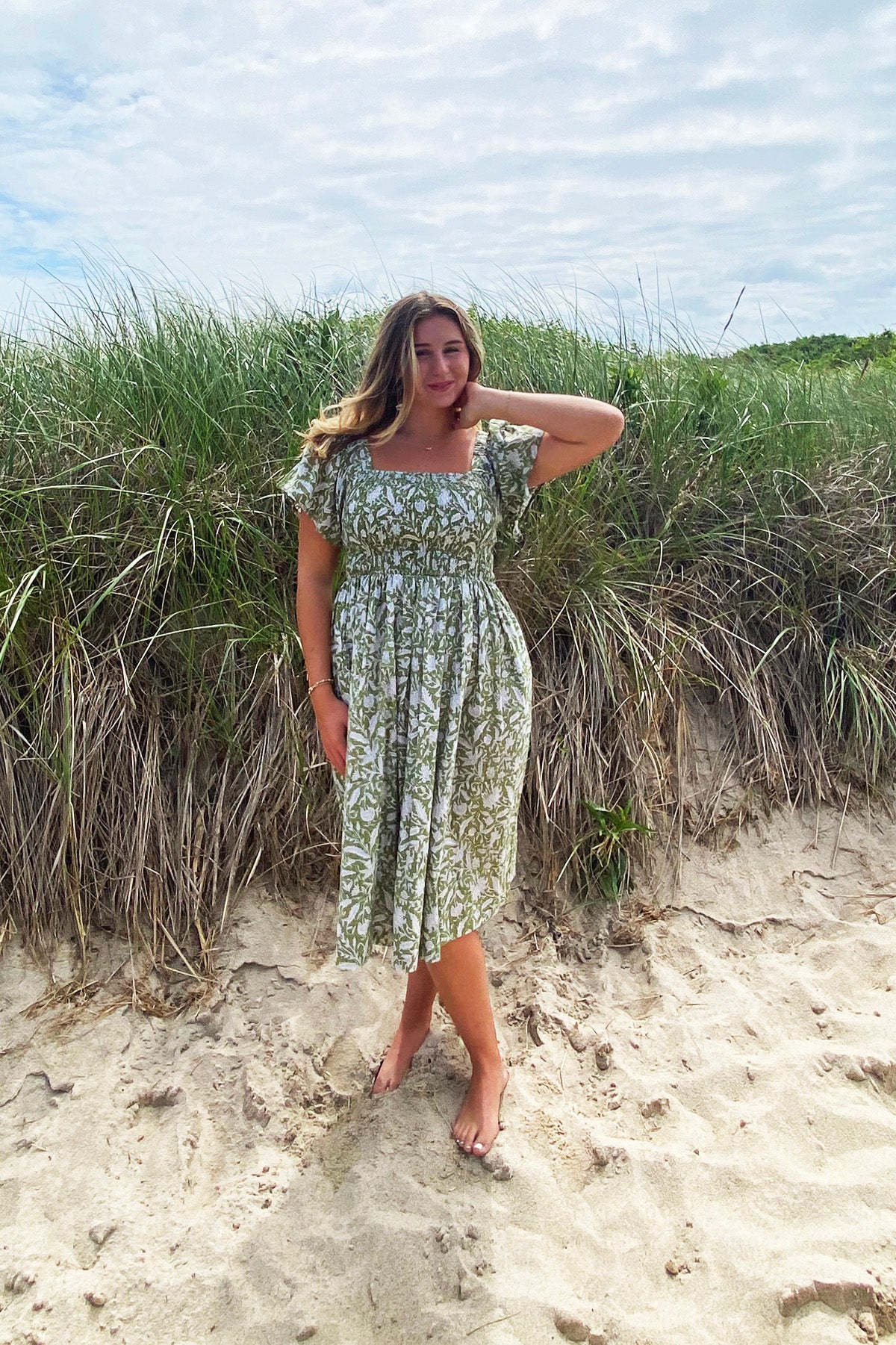 olive beach dress Montret Davi & Dani Multi Color Wavy Tie Waist Flowy Sleeve Dress Sage Multi / L