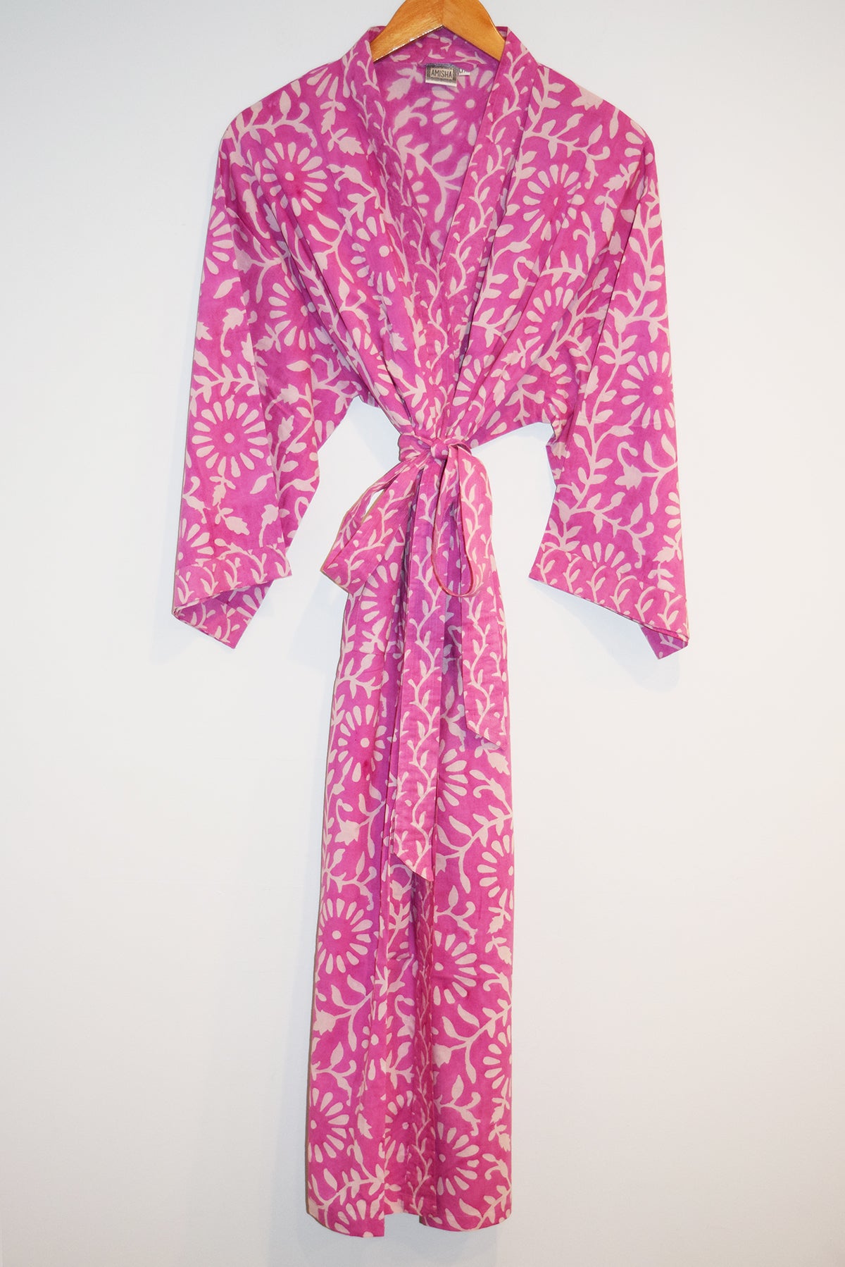 Amisha Block Print Kerala Long Cotton Kimono Robe | Blooms Pink Amisha Design Amisha Block Print Kerala Long Cotton Kimono Robe | Blooms Pink Amisha Design