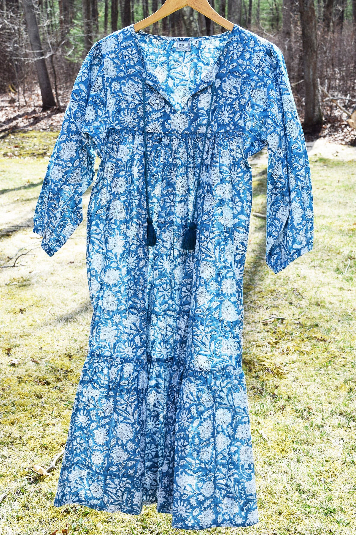 teal long sleeve midi dress Amisha Hand Block Printed Meadow Dress