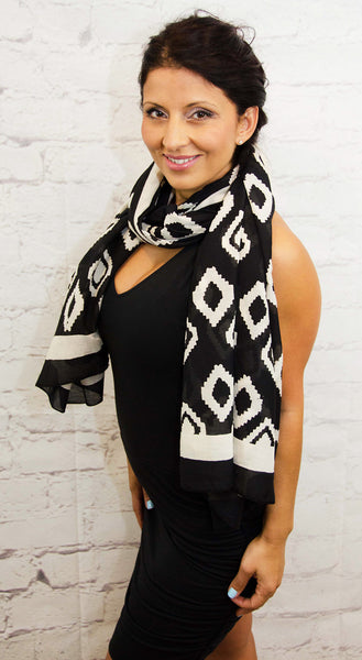 White & Black Cotton Stole | Scarf with Block printed Indian Floral & Leaf  Design