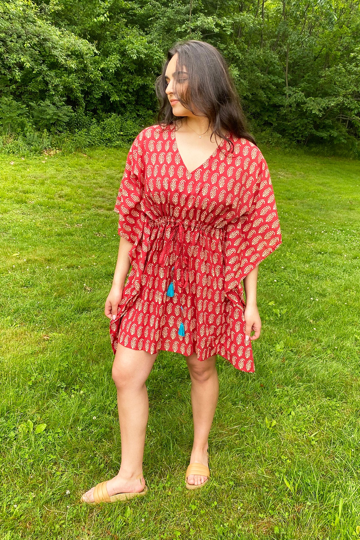 cotton kaftan short dress Short Sleeve Mini Kaftan - Frond Orange