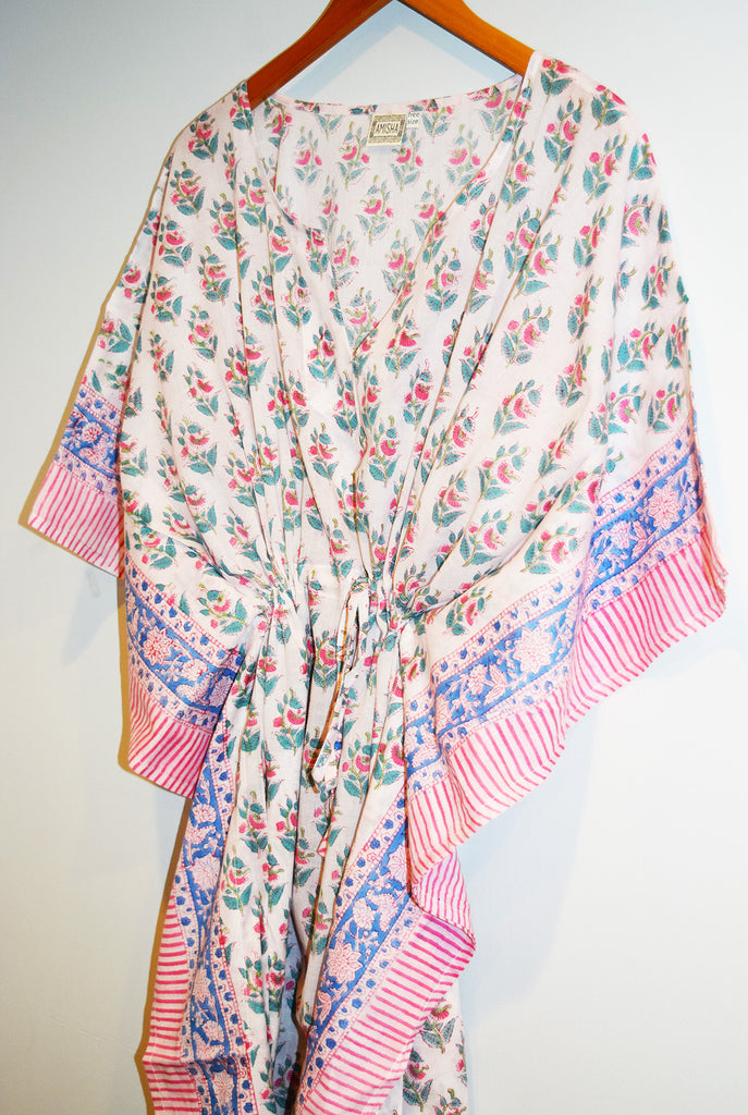 Border Print Long Kaftan | White Floral