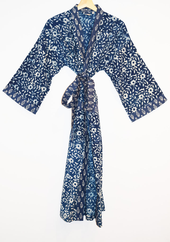 Kerala Long Robe | Natural Indigo Floral