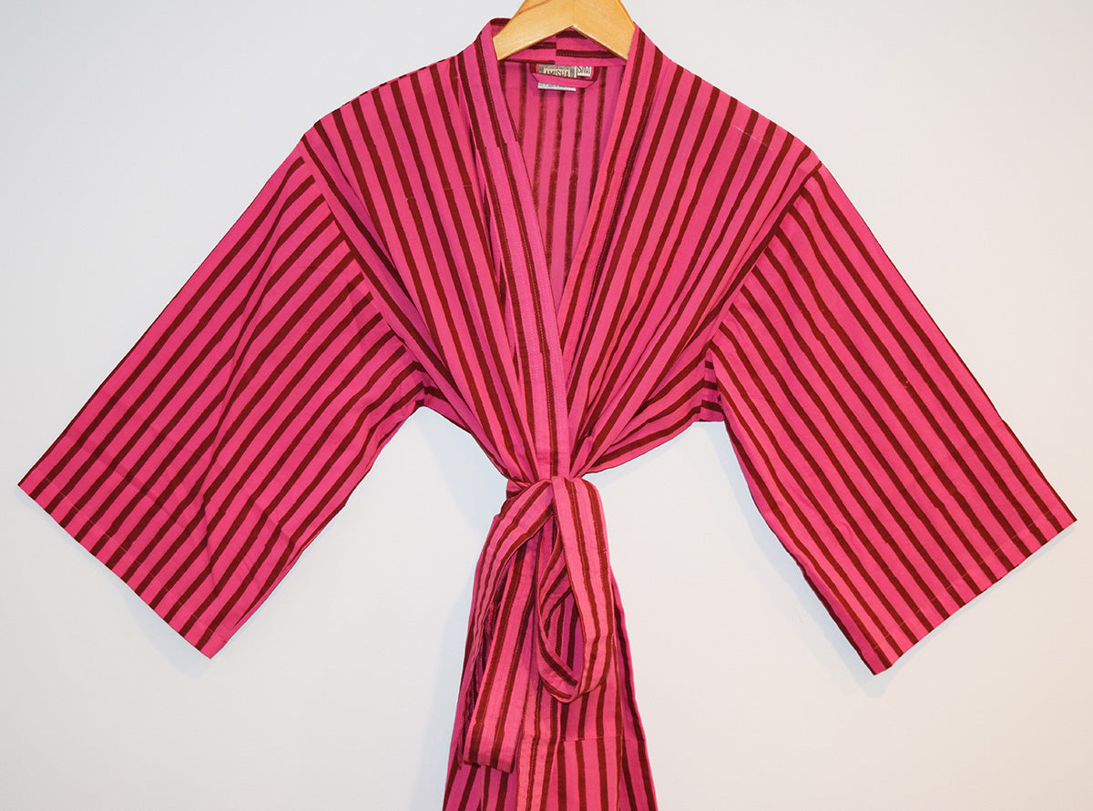 Amisha | Kerala Short Cotton Block Print Robe | Berry Stripe – Amisha ...