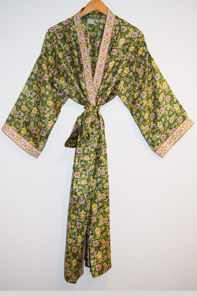 Silk Sari Long Robe | Green Flowers