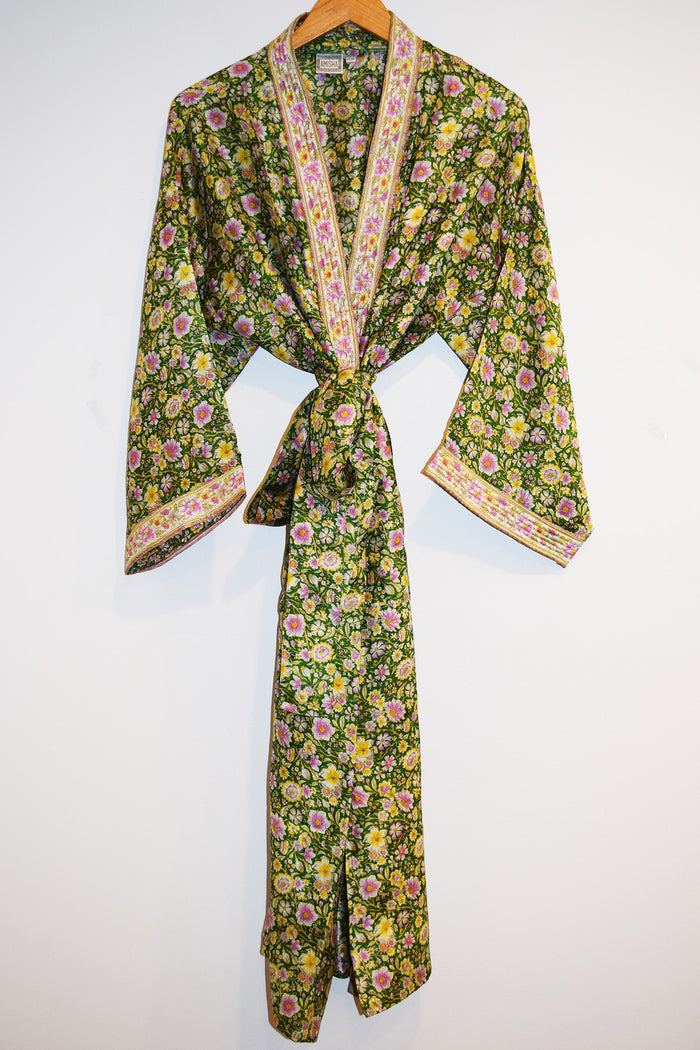 Silk Sari Long Robe | Green Flowers