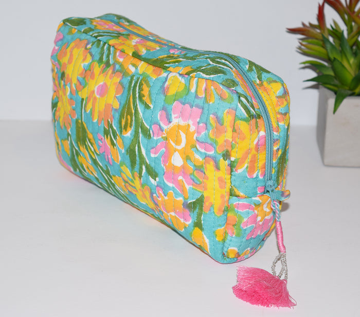 Crescent Waterproof Cosmetic Bag | Aqua Floral