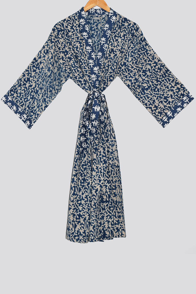 Kerala Long Robe | Natural Indigo Floral