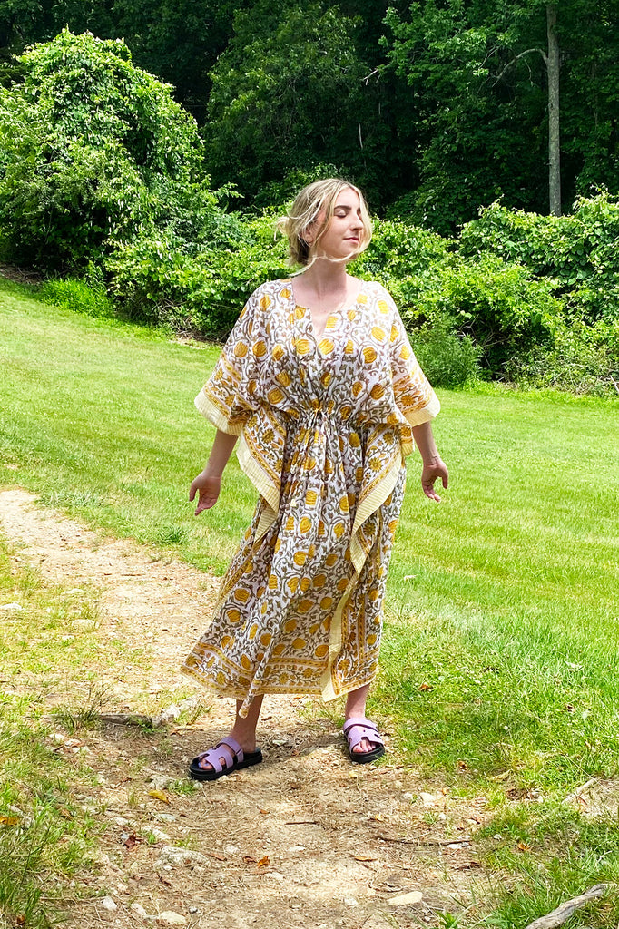 Border Print Long Kaftan | Lemon