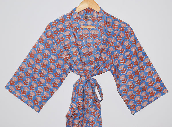 Hand Block Print Cotton Kimono Robe | Block Floral Sky | Amisha ...