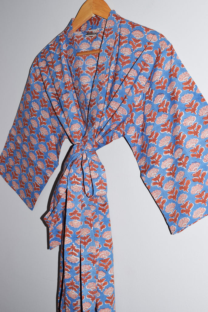 Hand Block Print Cotton Kimono Robe | Block Floral Sky | Amisha ...