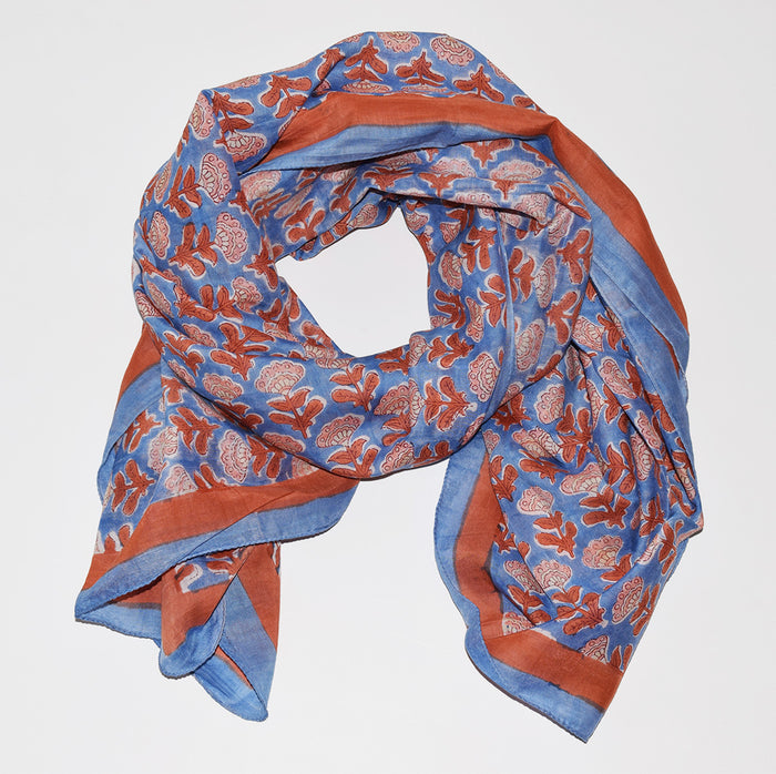 Buy Red-Blue Block Printed Cotton voile Square Scarf Online at