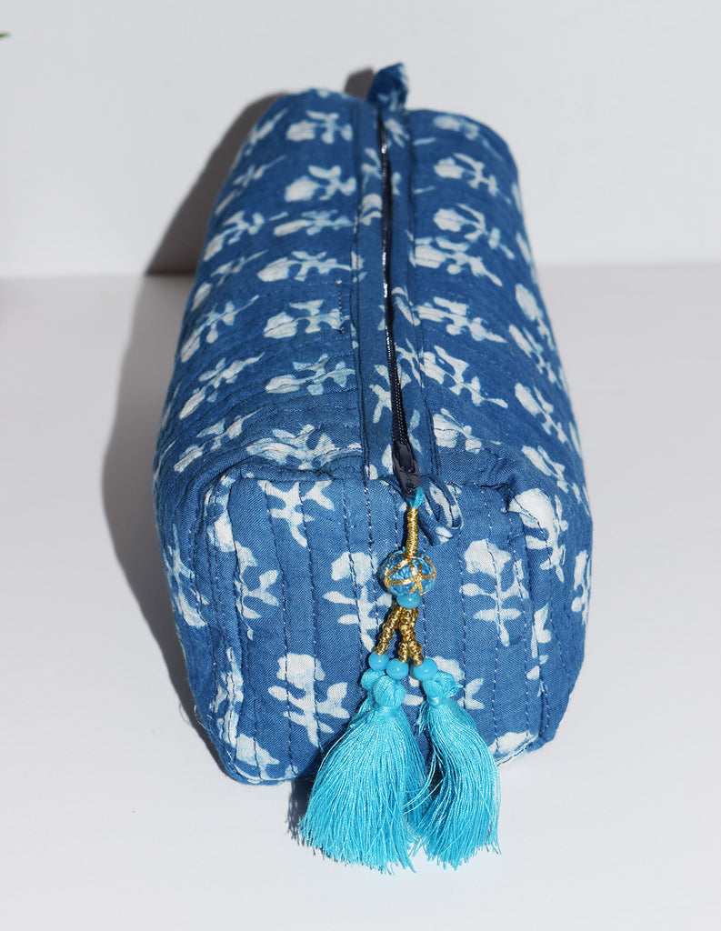 Long Waterproof Cosmetic Bag | Mini Floral Indigo